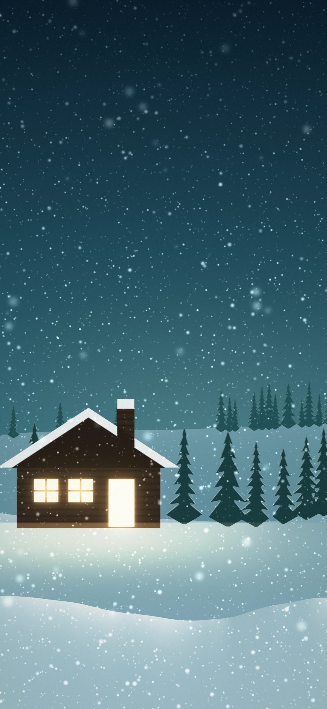 Cabin in the Pines: snow falls over a teal winter night as a cosy log cabin with lit windows and a lit door rests between snow-capped fir trees on soft white hills, iPhone wallpaper