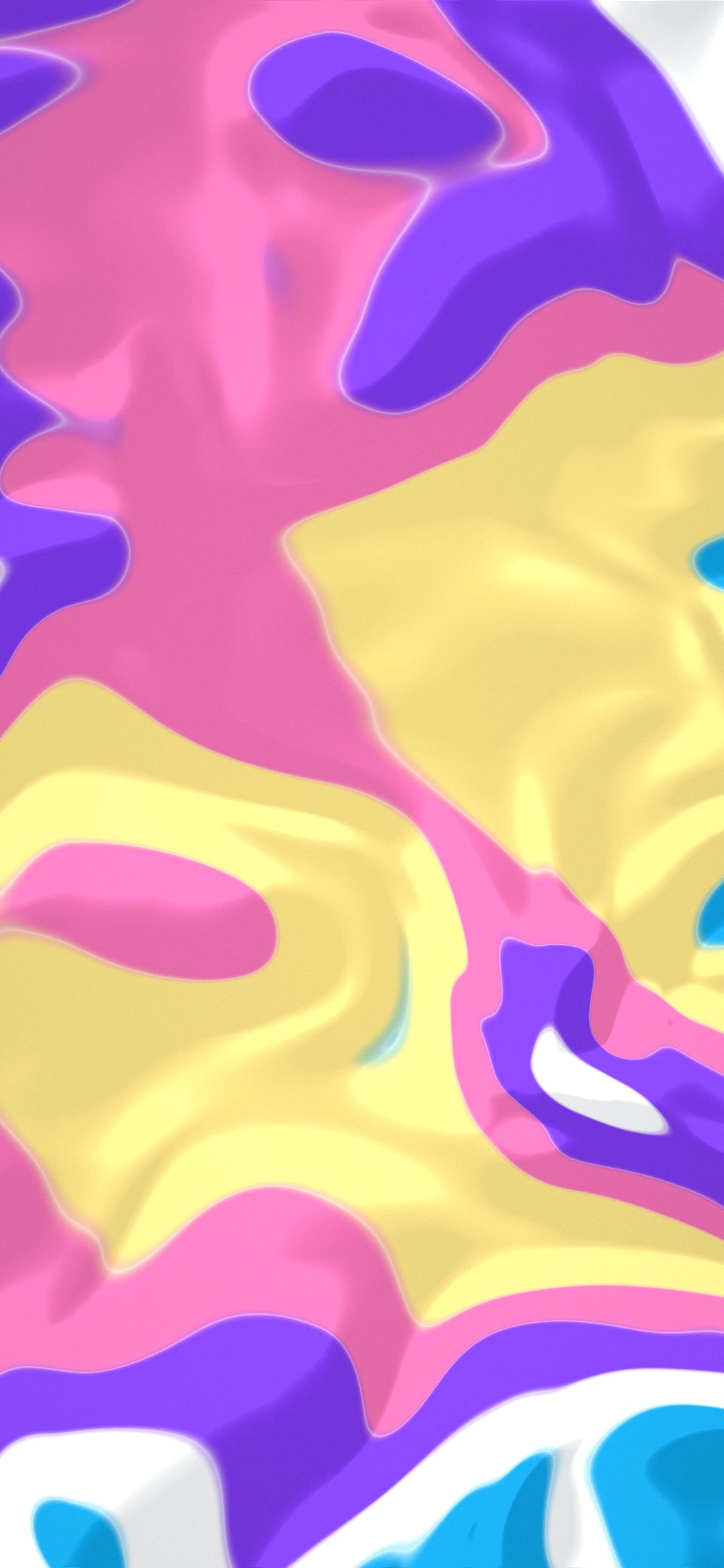 Candy Paint Pour: violet, pink, butter yellow and sky blue paint swirl together in a glossy pour, with fine white lacing where the colours meet, iPhone wallpaper