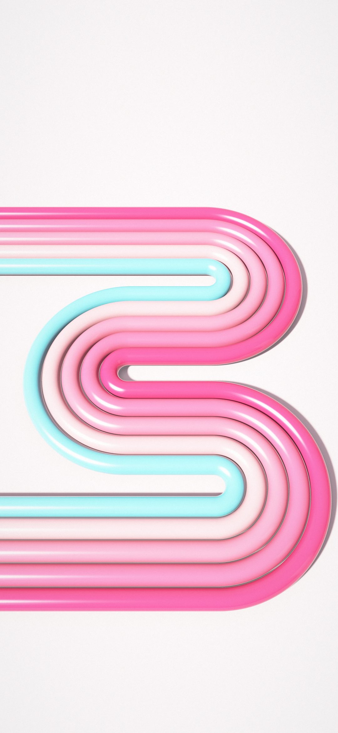 Candy Pipe Zigzag: a ribbon of five glossy candy pink and aqua tubes zigzags down the screen on a soft pink floor, each fold casting a shadow, iPhone wallpaper