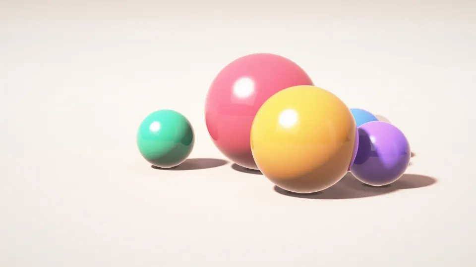 Candy Sphere Cluster: glossy pink, orange, blue, mint and violet balls rest on a soft peach studio floor beside a chrome ball and a clear glass sphere, PC wallpaper