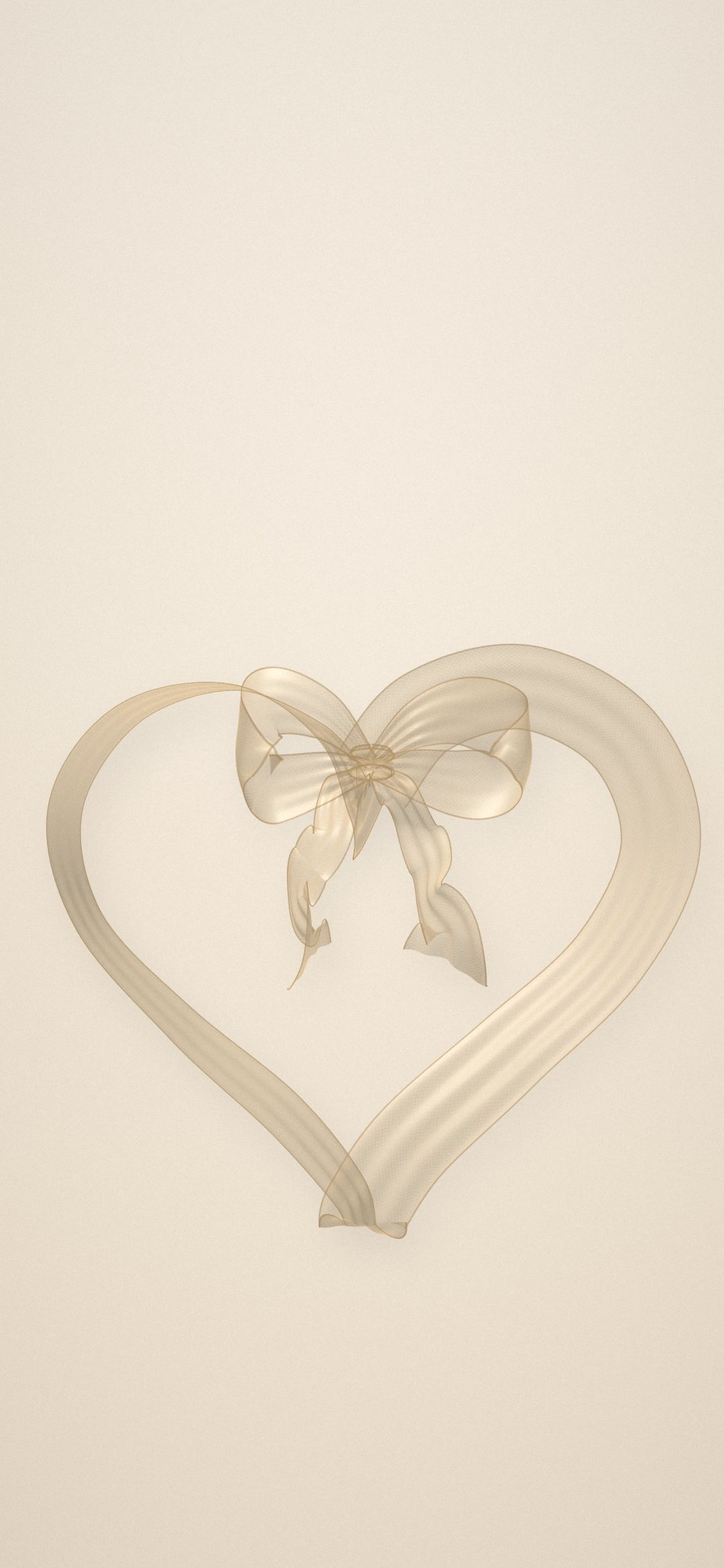 Champagne Ribbon Heart: a sheer champagne ribbon forms a heart with a little bow on a warm cream background, iPhone wallpaper
