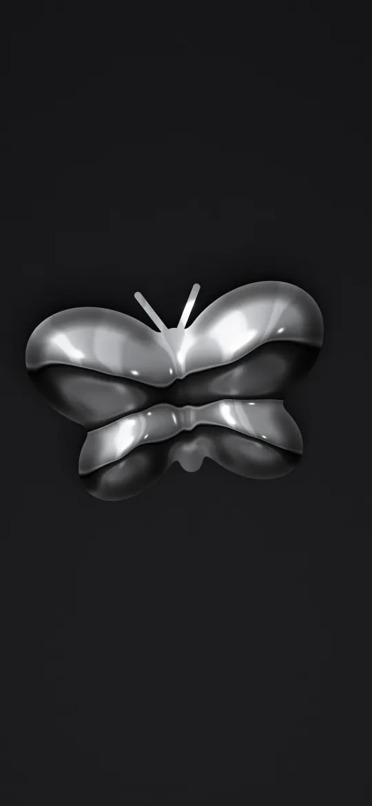 Chrome Butterfly Charm: a puffy mirror-polished chrome butterfly charm rests on deep black satin with soft light streaks, iPhone wallpaper