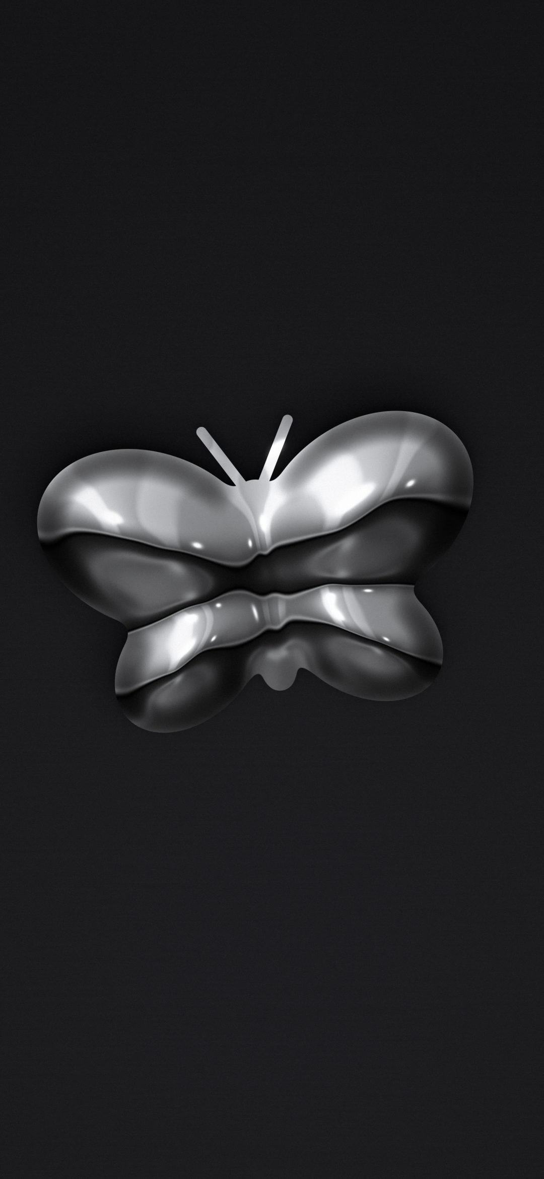 Chrome Butterfly Charm: a puffy mirror-polished chrome butterfly charm rests on deep black satin with soft light streaks, iPhone wallpaper