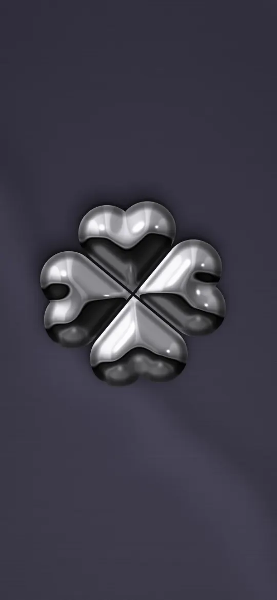 Chrome Four-Heart Clover: a chrome clover made of four little hearts gleams on soft lilac-grey satin, iPhone wallpaper