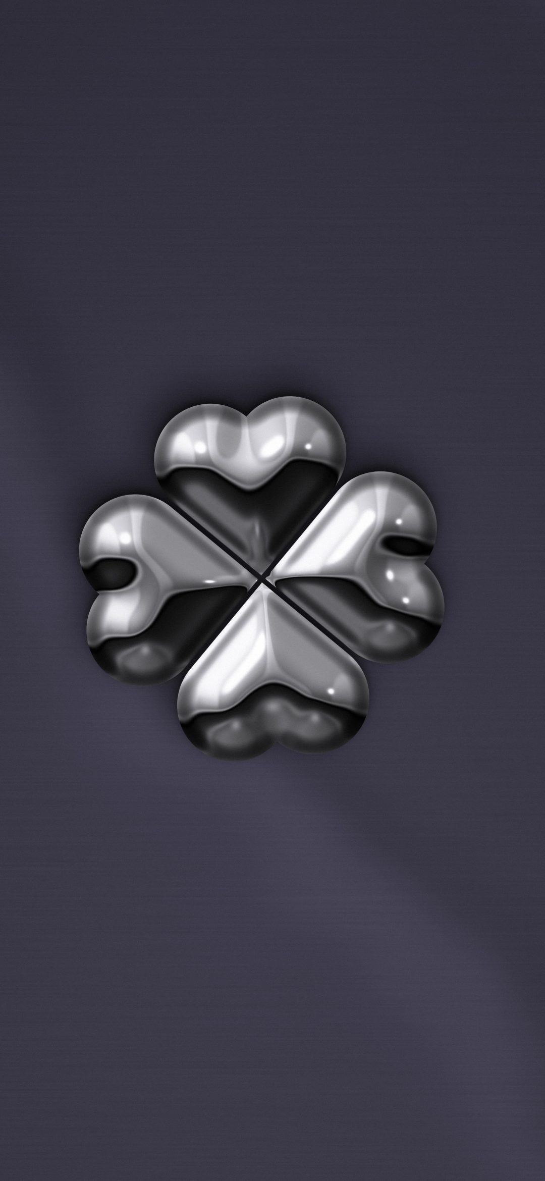 Chrome Four-Heart Clover: a chrome clover made of four little hearts gleams on soft lilac-grey satin, iPhone wallpaper