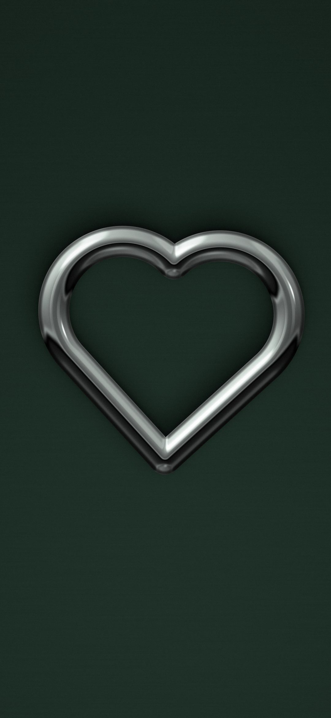 Chrome Heart Ring: a polished chrome heart-shaped ring floats on deep forest green satin, iPhone wallpaper
