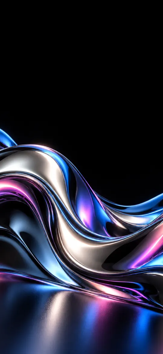 Glossy liquid chrome wave with silver, blue, and pink reflections on black