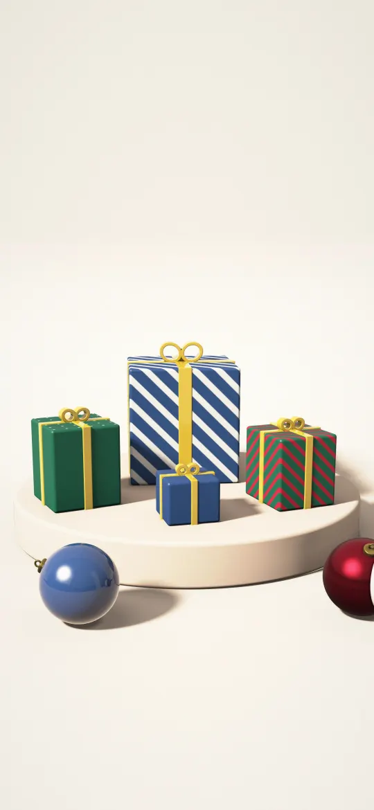 Classic Gift Stack: green, navy, blue striped and red-green striped presents tied with gold ribbons and bows stand on a cream plinth, with glossy baubles on the floor, iPhone wallpaper