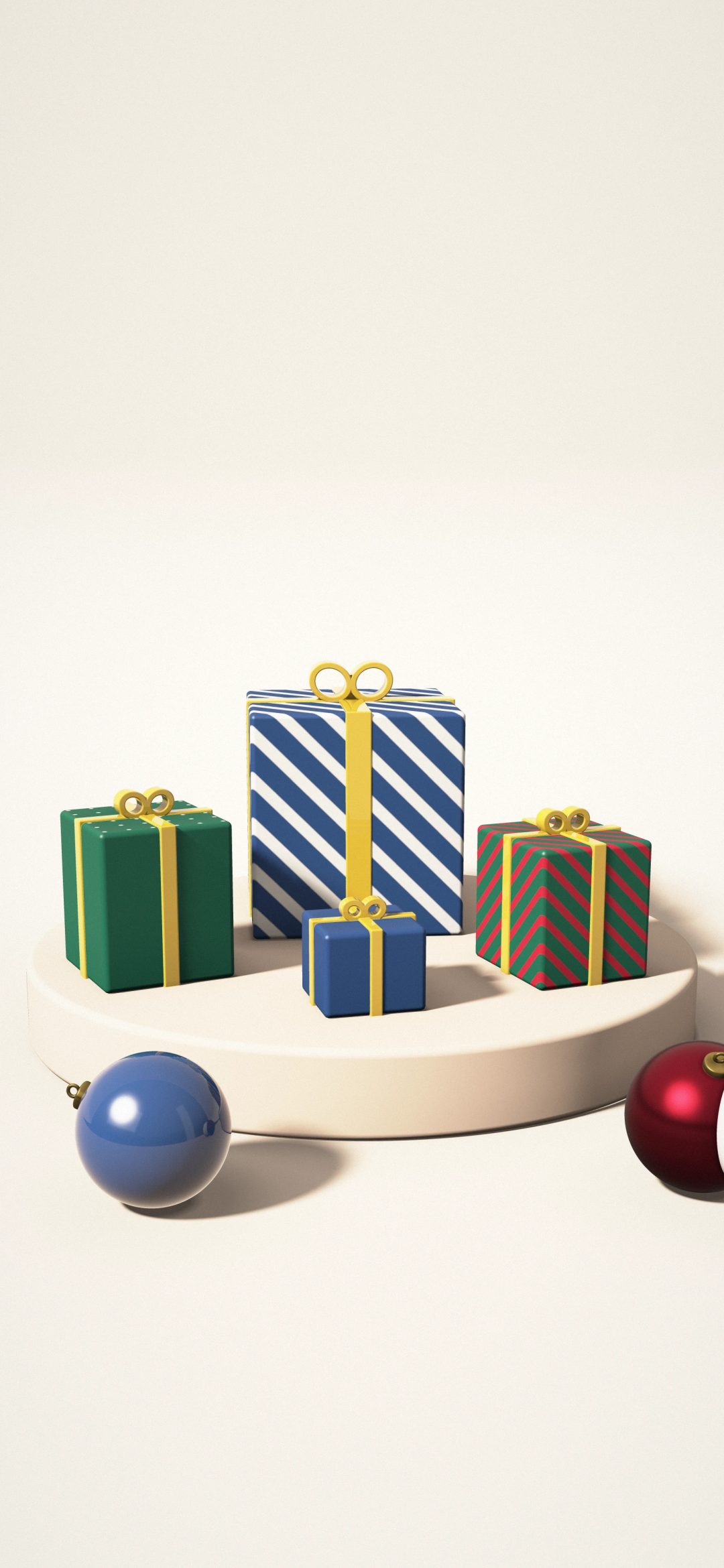 Classic Gift Stack: green, navy, blue striped and red-green striped presents tied with gold ribbons and bows stand on a cream plinth, with glossy baubles on the floor, iPhone wallpaper