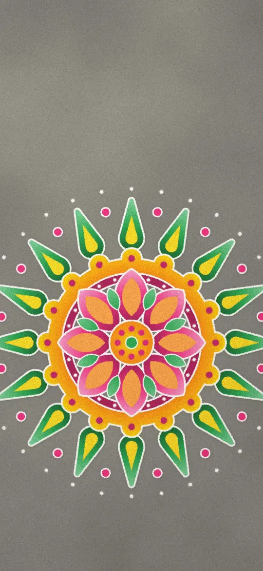 Classic Rangoli: a round rangoli of green, yellow, orange, magenta and pink powder with white outlines and a dotted border on a grey stone floor, iPhone wallpaper