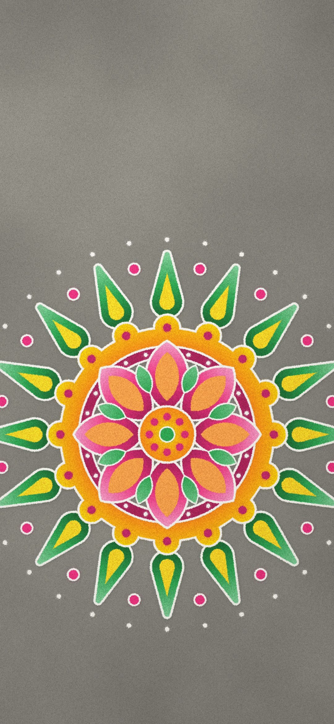 Classic Rangoli: a round rangoli of green, yellow, orange, magenta and pink powder with white outlines and a dotted border on a grey stone floor, iPhone wallpaper
