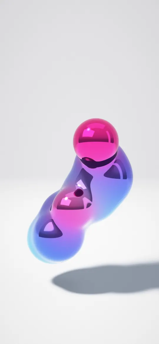 Cobalt Liquid Chrome: a tall shape of liquid chrome in cyan, cobalt, violet and magenta floats above a pale blue-grey floor, mirroring the studio, iPhone wallpaper