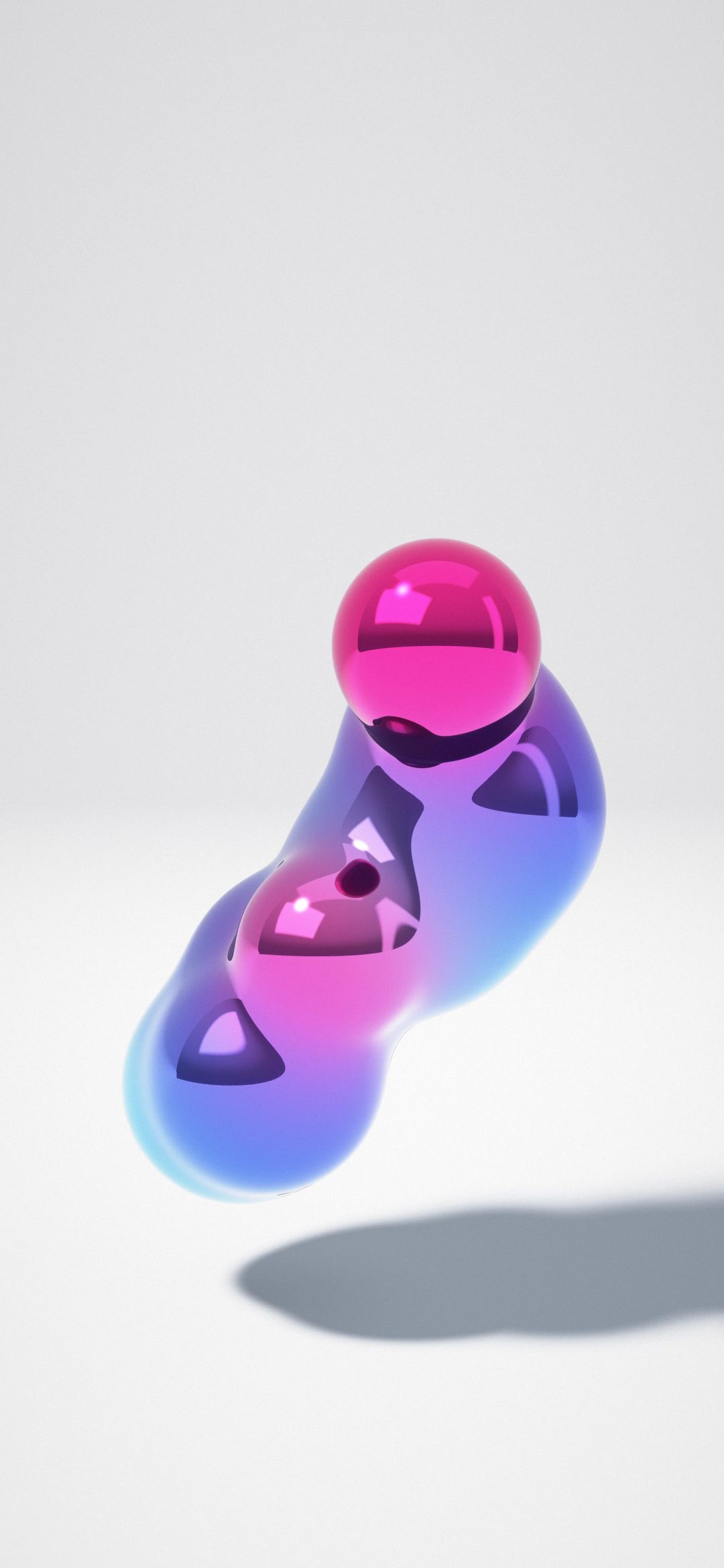Cobalt Liquid Chrome: a tall shape of liquid chrome in cyan, cobalt, violet and magenta floats above a pale blue-grey floor, mirroring the studio, iPhone wallpaper