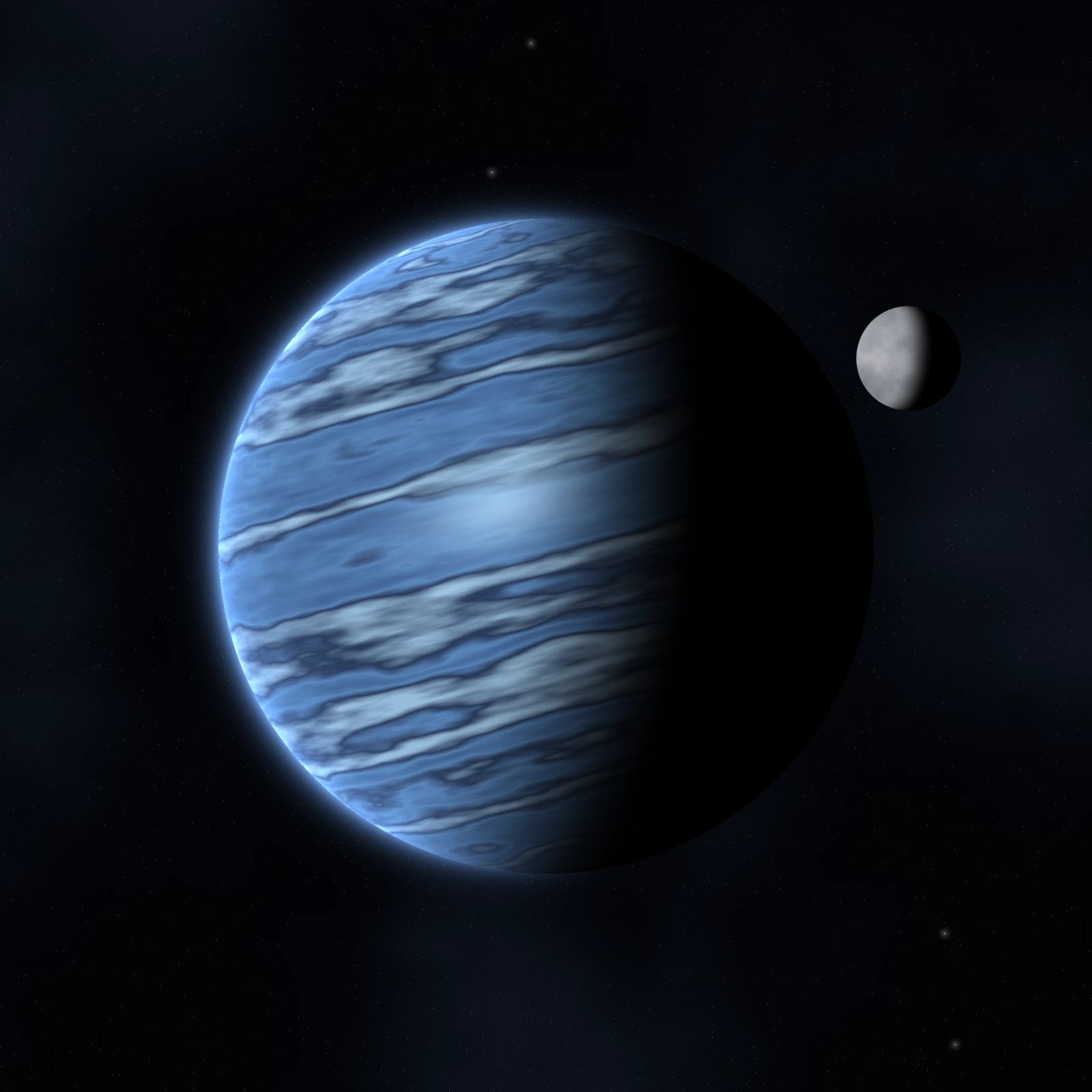 Cobalt Storm Giant: a deep blue gas giant streaked with pale cloud bands and an oval storm turns in the light, a small grey moon hanging nearby, iPad wallpaper