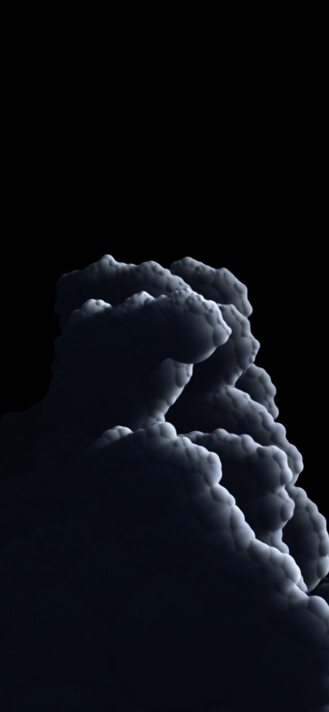 Cold Storm Tower: a towering cumulus cloud rises from the bottom of a true black sky, its edges lit pale blue-grey by cold light, iPhone wallpaper