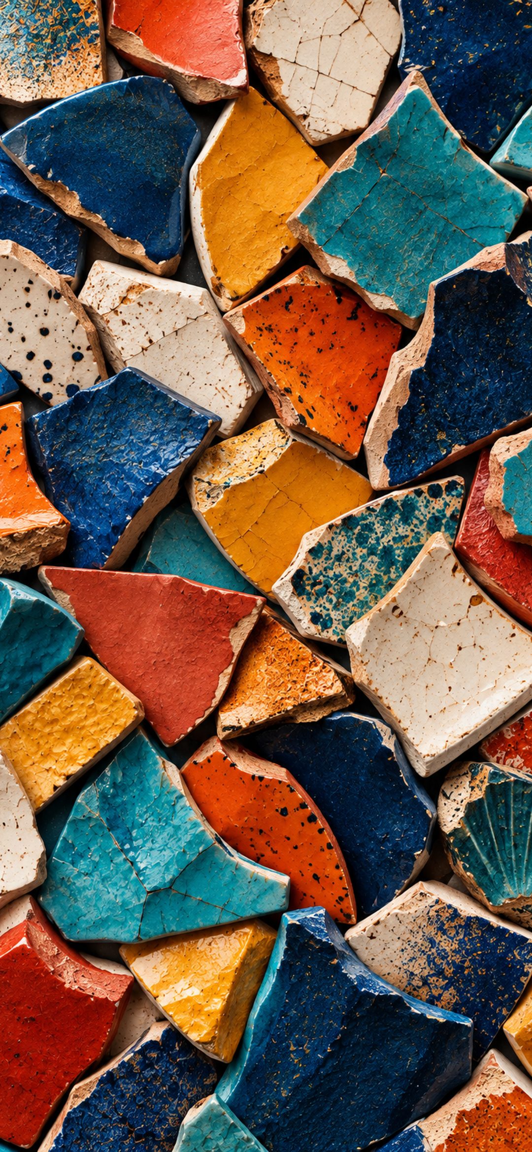 Close-up of broken blue, orange, yellow and cream ceramic tile pieces