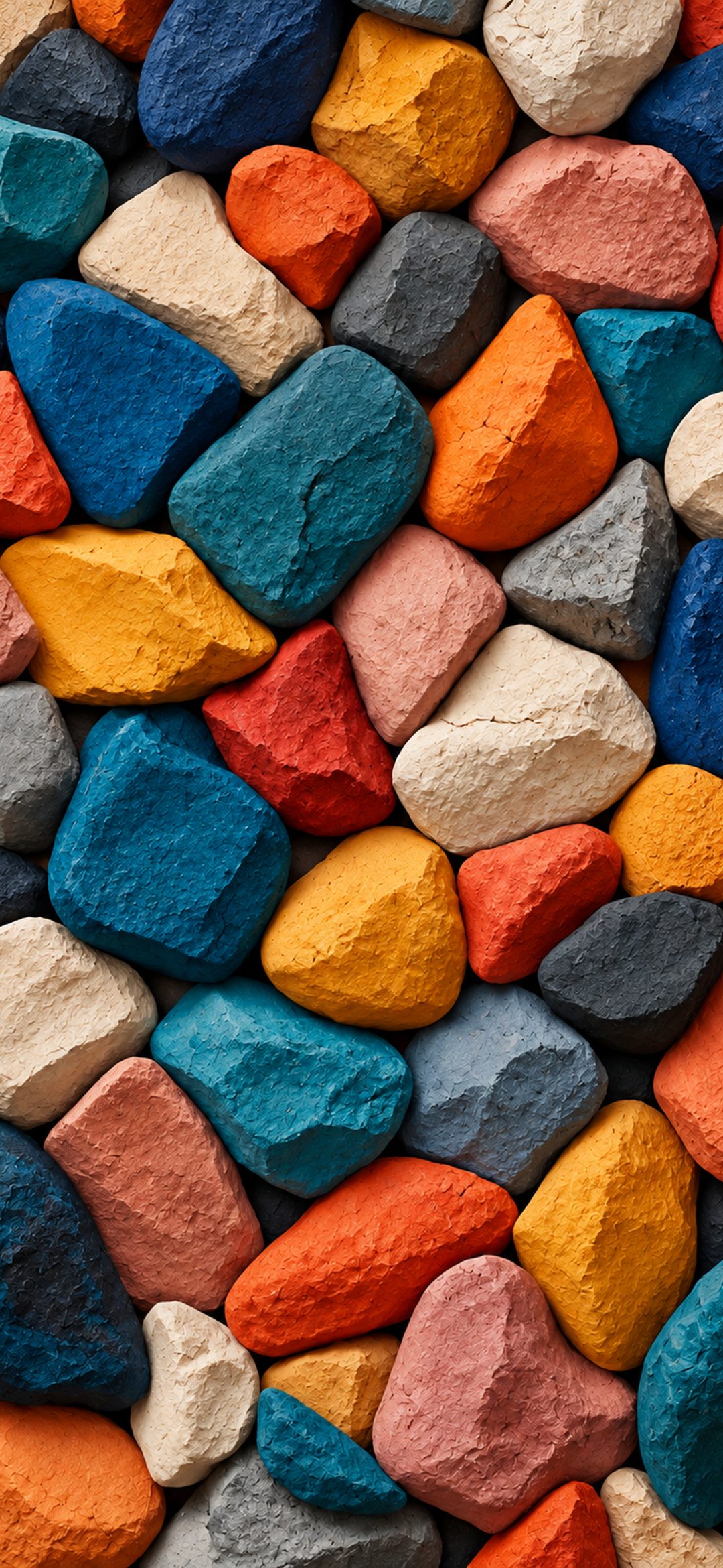 Tightly packed matte pebbles in teal, yellow, orange, pink and grey
