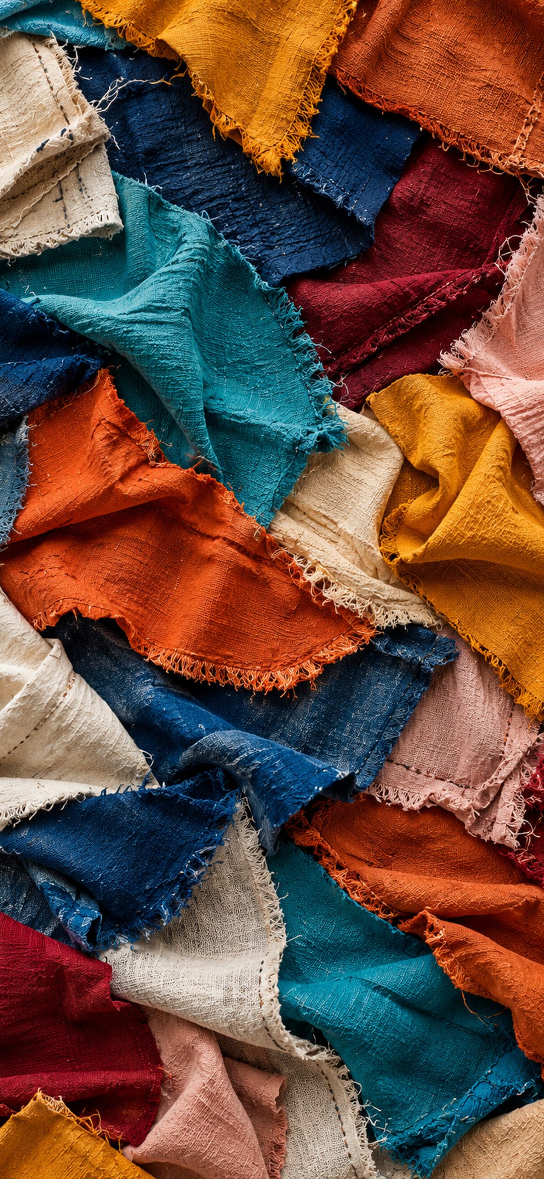 Pile of colourful frayed fabric scraps in yellow, orange, teal, blue and red