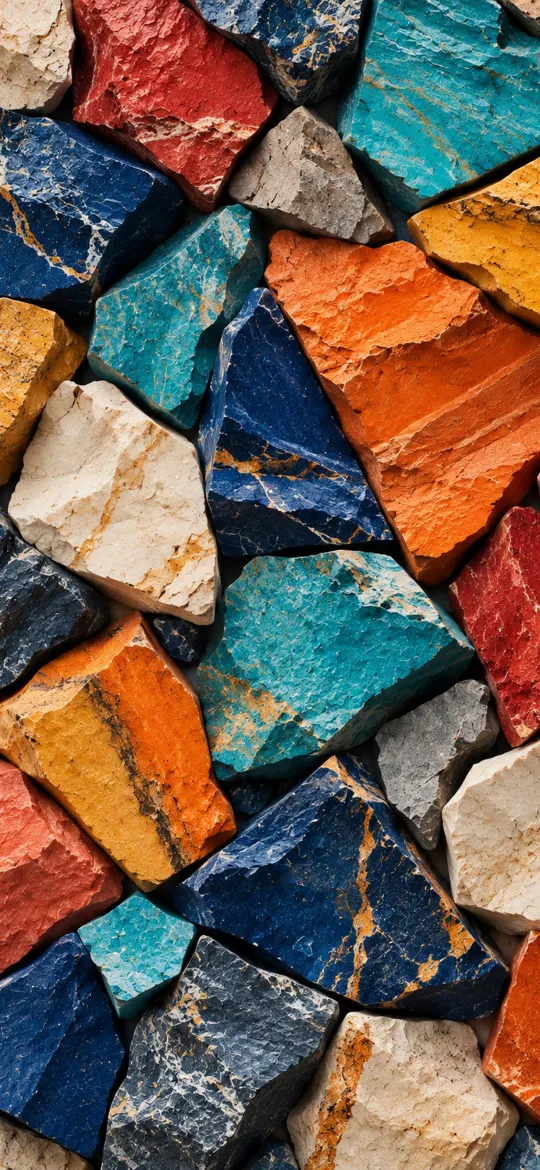 Jagged stone fragments in blue, turquoise, orange and red with mineral veins