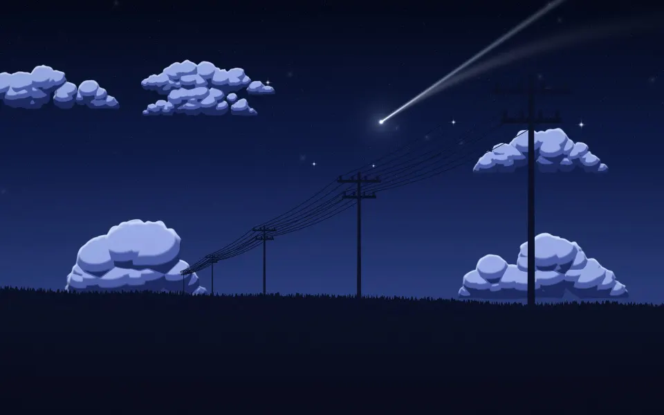Comet Field Night: a comet trails across a deep blue starry sky above a dark grassy hill, small pale clouds drifting over the distant power poles, Mac wallpaper