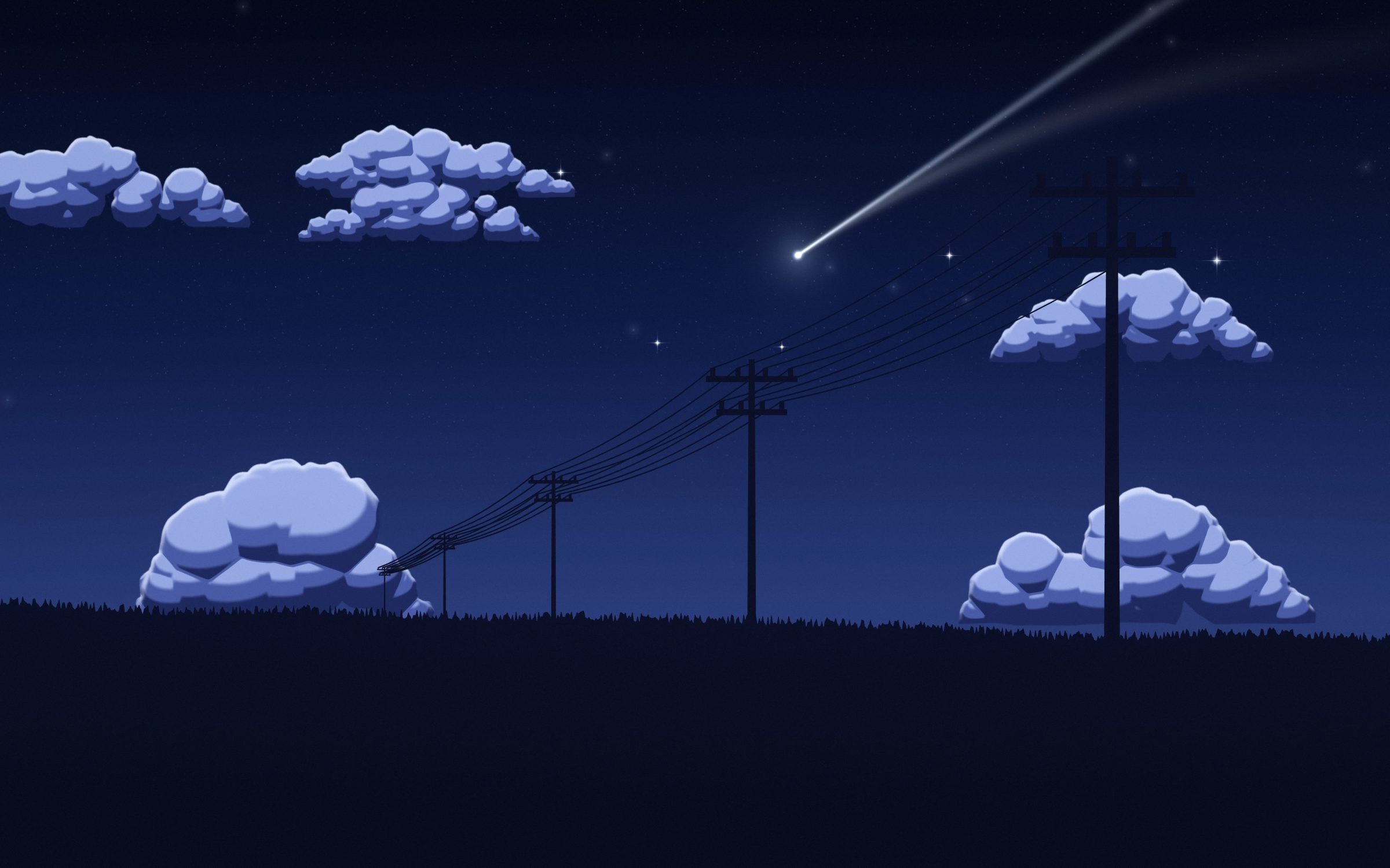 Comet Field Night: a comet trails across a deep blue starry sky above a dark grassy hill, small pale clouds drifting over the distant power poles, Mac wallpaper