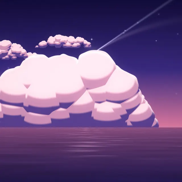 Comet Over Still Water: a comet with a long silver tail crosses a pink and violet dusk sky above a calm sea, pale glints of light dancing below, iPad wallpaper