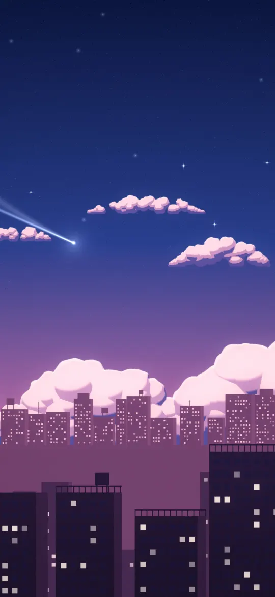 Comet Over The City: a comet streaks across a starry indigo sky above lit apartment towers, pink clouds glowing softly over the distant skyline, iPhone wallpaper