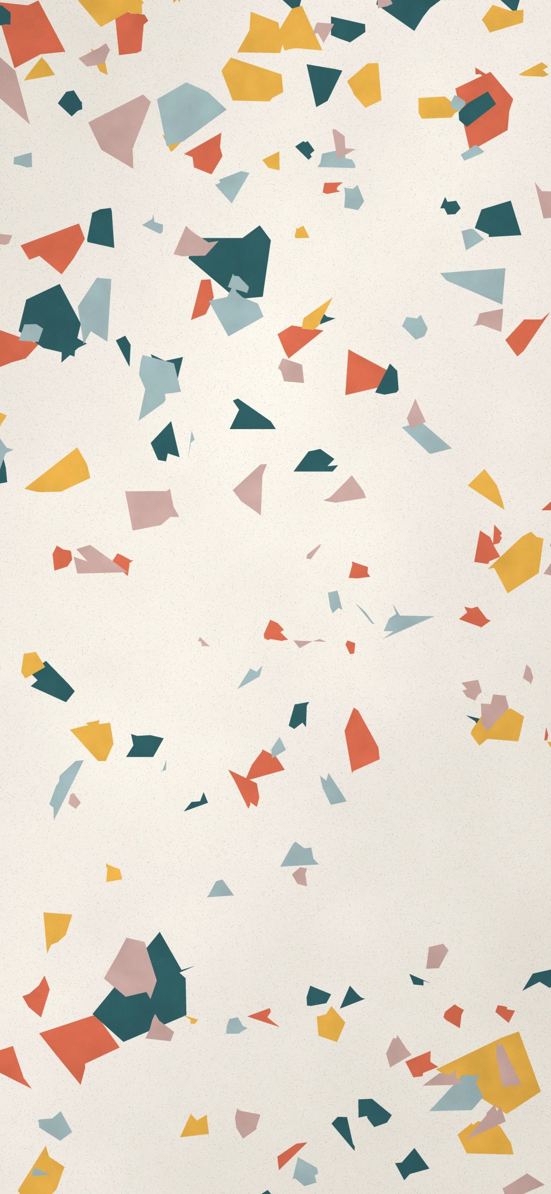 Confetti Terrazzo: chips of terracotta, teal, mustard and dusty blue stone scatter across a pale speckled base in polished terrazzo, iPhone wallpaper