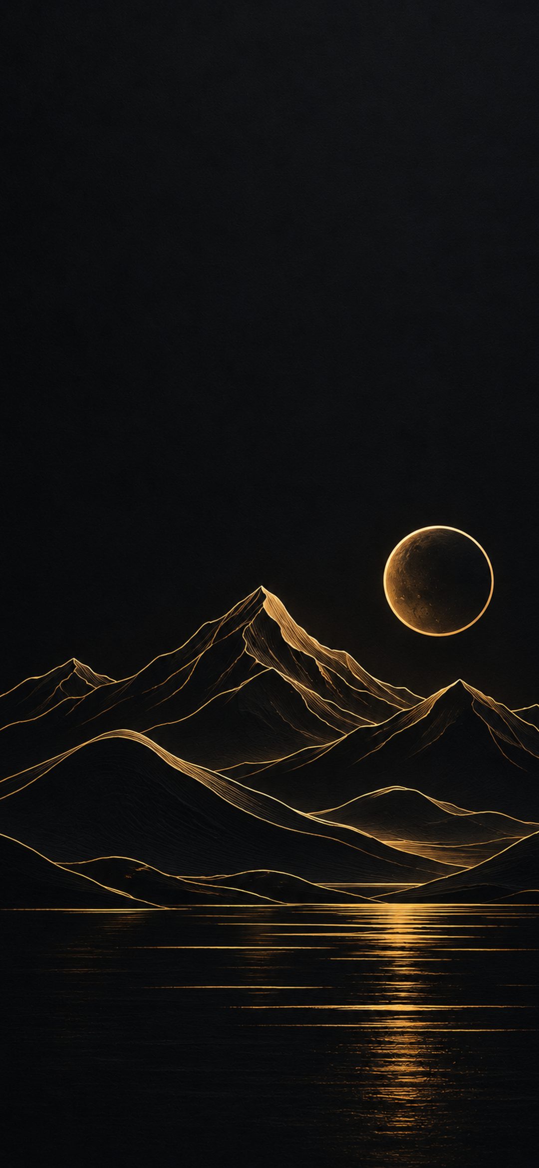 Golden line-art mountain peaks and a moon above a dark reflective lake