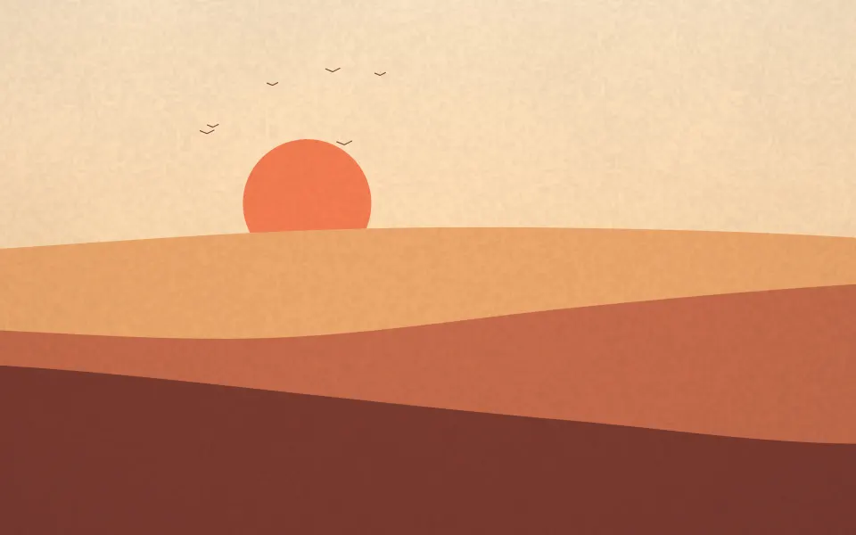Coral Dusk Print: a coral sun sets over smooth layered hills of apricot, terracotta and brown, printed with a fine grain and a few birds, Mac wallpaper