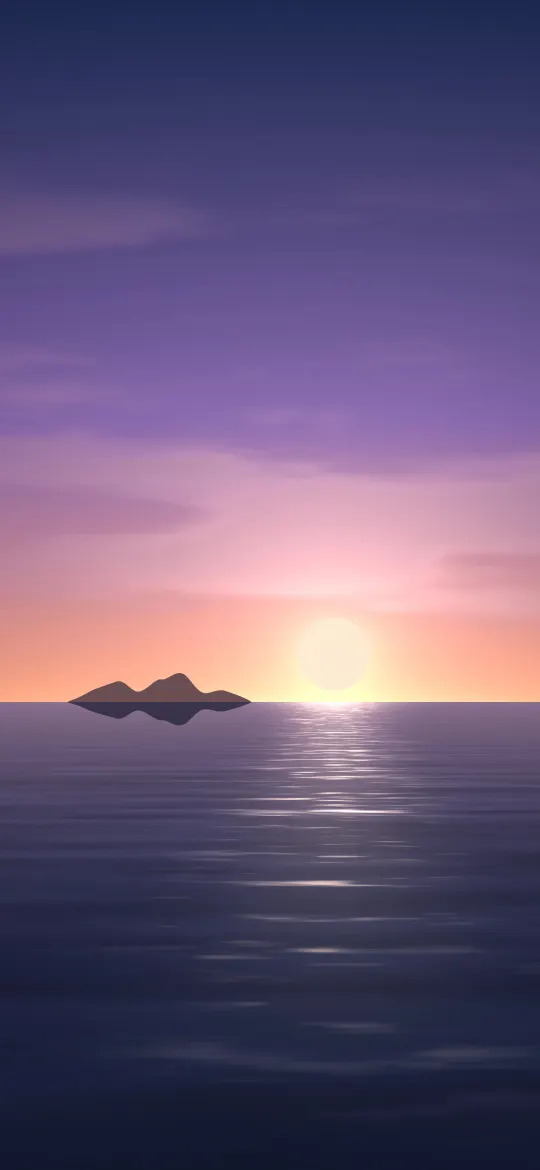 Coral Island Sundown: a low sun sinks toward a calm violet sea, laying a path of glittering light across the waves beside a small dark island, iPhone wallpaper