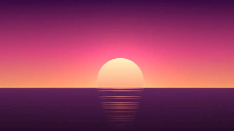 Coral Ocean Sunset: a glowing coral sun sets into a dark plum sea under a pink and orange sky, simple and warm, PC wallpaper