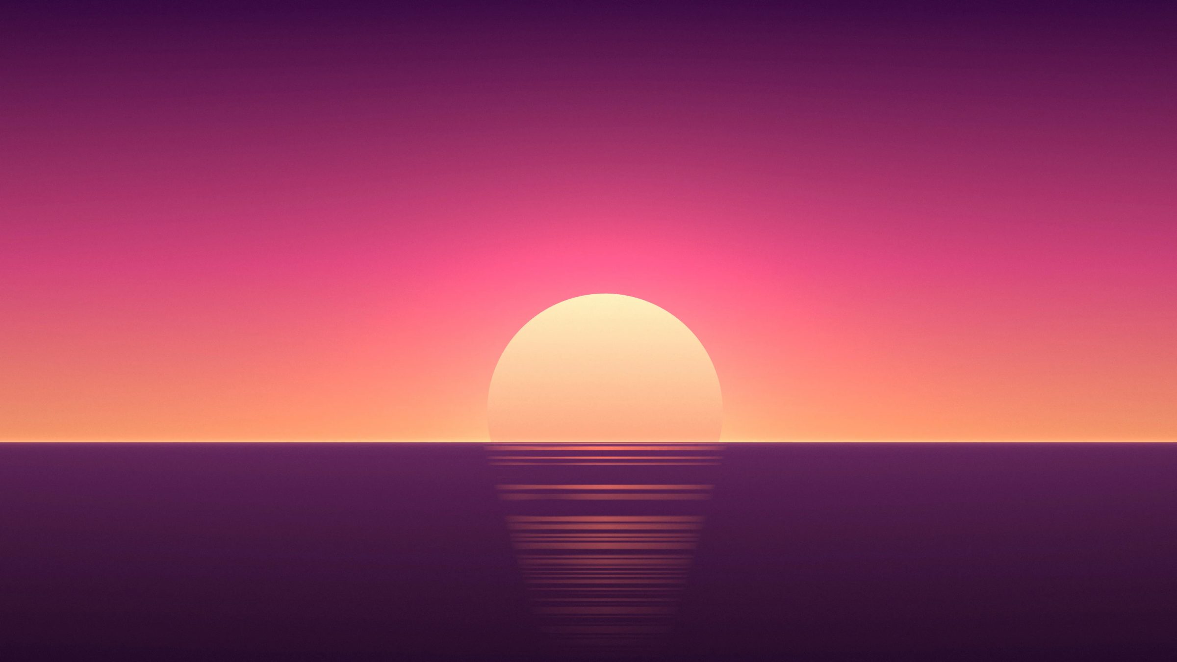 Coral Ocean Sunset: a glowing coral sun sets into a dark plum sea under a pink and orange sky, simple and warm, PC wallpaper