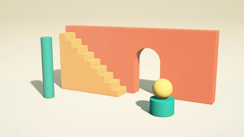 Coral Stair Courtyard: a coral wall with an arched door, orange stairs, a teal plinth with a gold ball and a column stand on a sunny courtyard, PC wallpaper