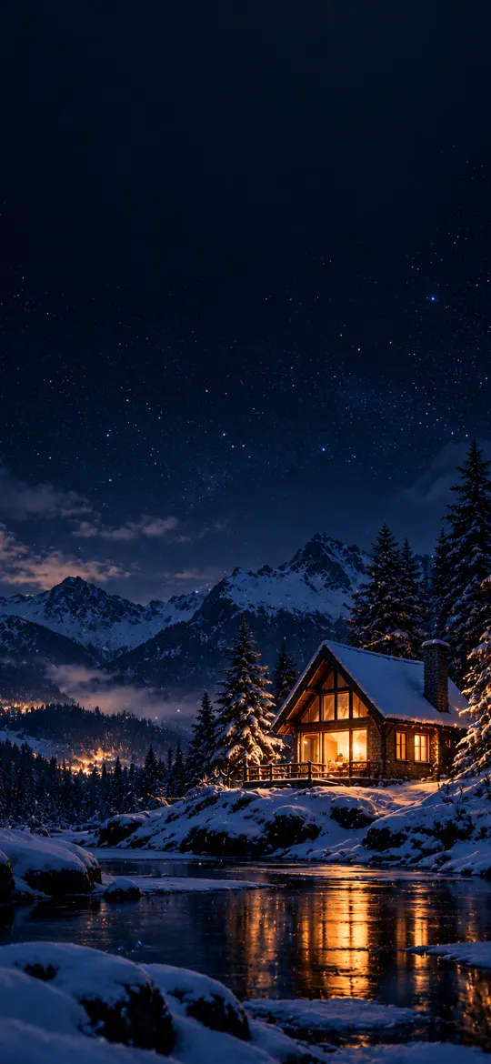 Warm amber cabin windows glowing in a snowy mountain landscape beneath a starry sky