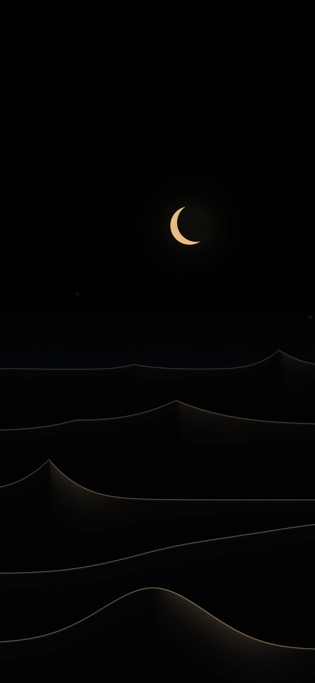 Crescent Dune Edges: a thin golden crescent moon hangs over black desert dunes, only their sharp crests touched by faint lines of warm light, iPhone wallpaper