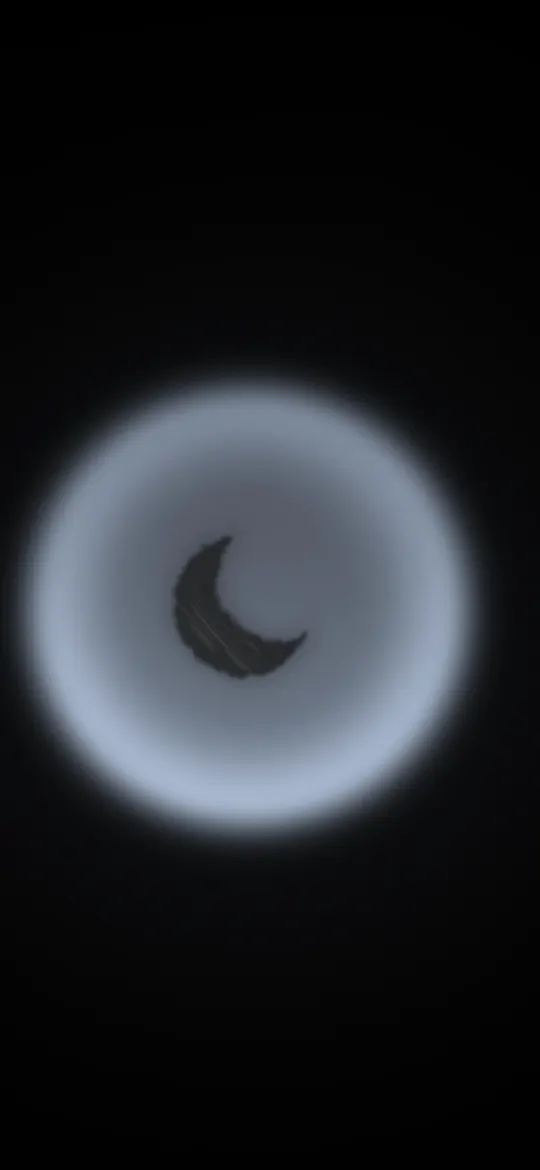 Crescent in an Ice Halo: a charcoal crescent moon sits inside a glowing ice-blue halo ring on black, iPhone wallpaper