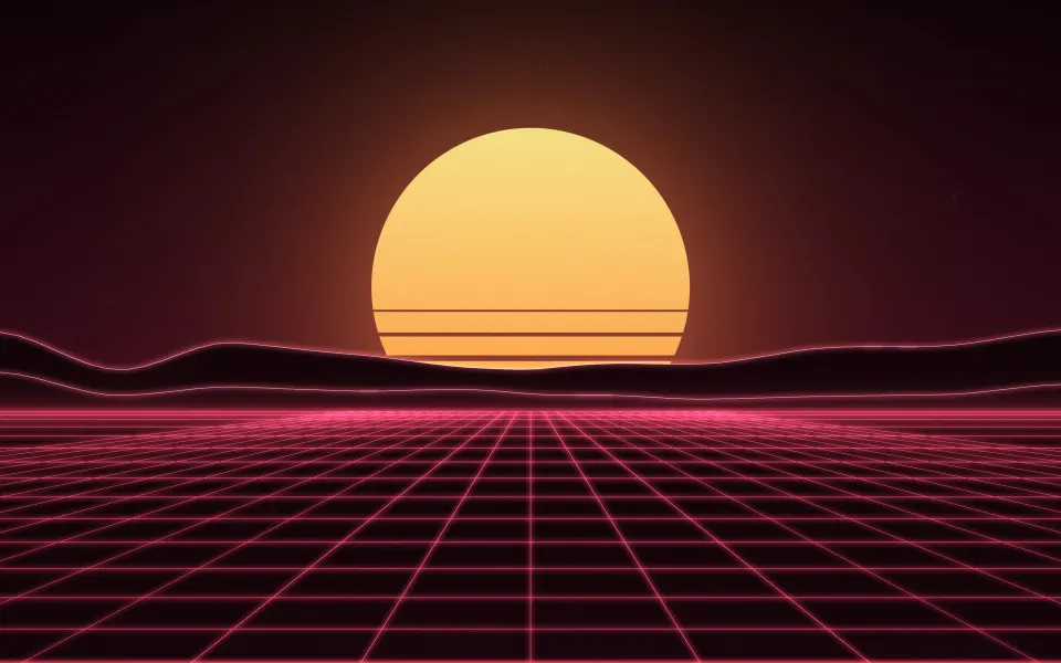 Crimson Arcade Dusk: a golden striped sun sinks behind rose-rimmed peaks over a glowing crimson grid in this warm retro synthwave scene, Mac wallpaper