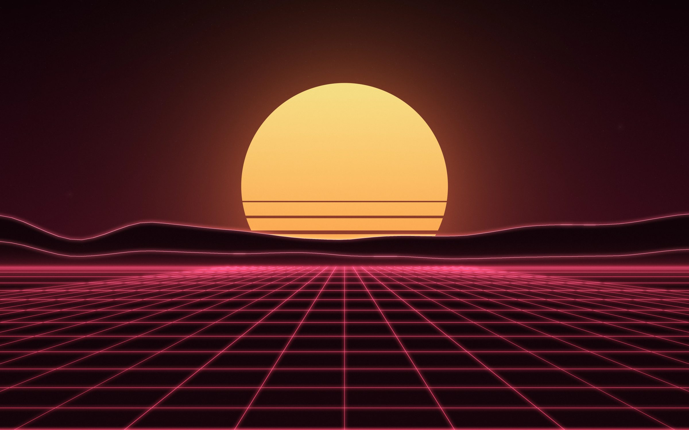 Crimson Arcade Dusk: a golden striped sun sinks behind rose-rimmed peaks over a glowing crimson grid in this warm retro synthwave scene, Mac wallpaper