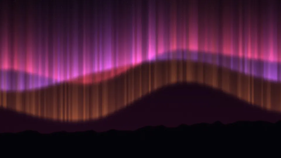 Crimson Aurora Night: red, violet and amber aurora light fills the sky above a black ridge, a dramatic night scene for a widescreen, PC wallpaper