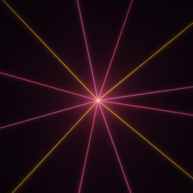 Crimson Laser Burst: red, amber and pink laser beams burst outward from a glowing centre through smoky haze, sharp lines of light on black, iPad wallpaper