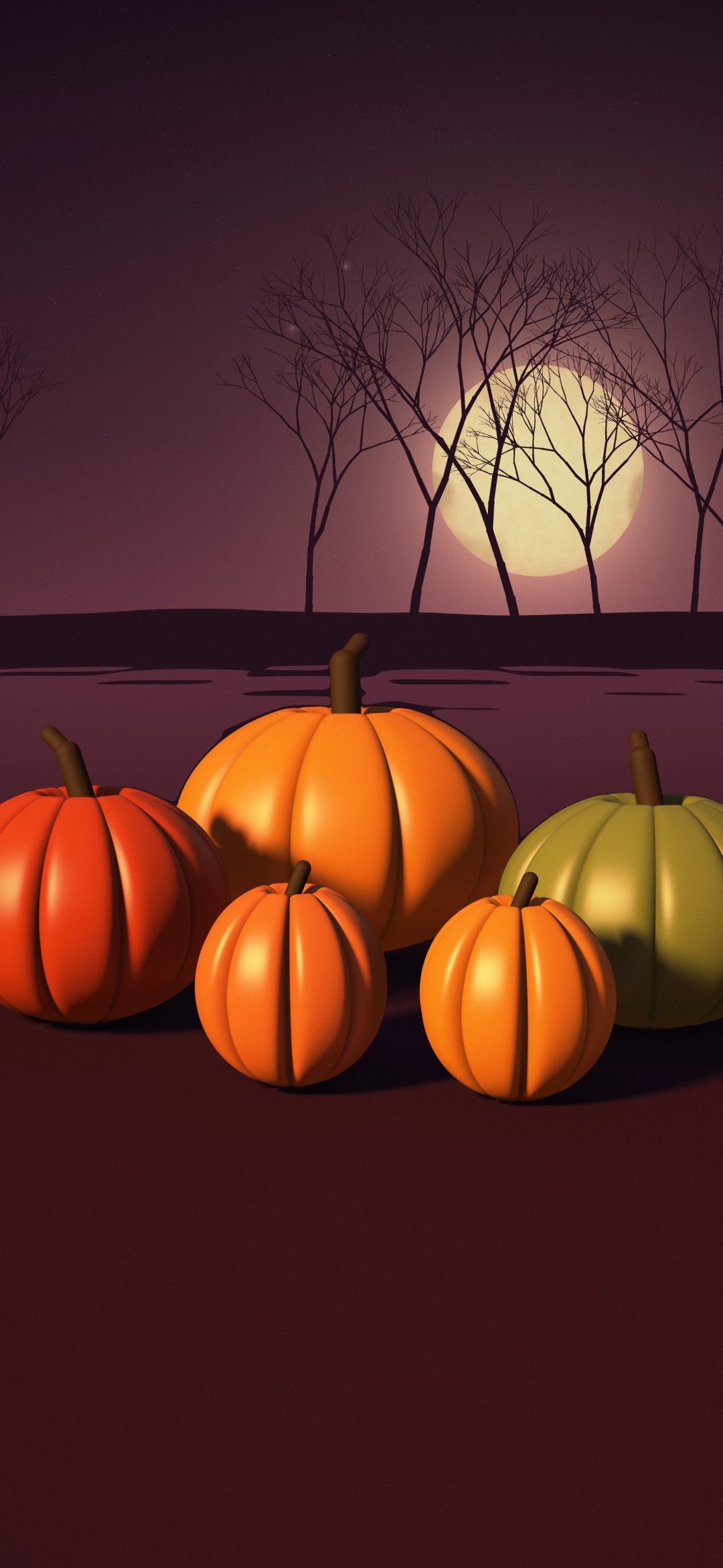Crimson Night Gourds: orange pumpkins, a deep red pumpkin and an olive green squash glow in warm light on dusky ground under a peach moon and a dark crimson sky, iPhone wallpaper