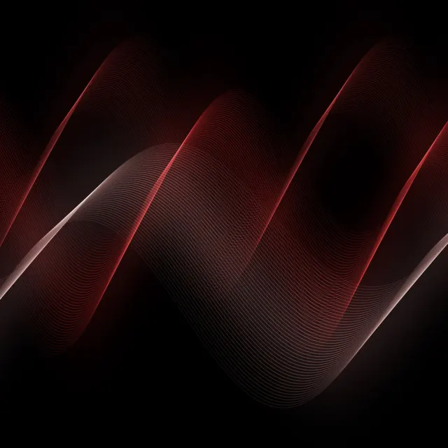 Crimson Silk Threads: deep crimson and rose threads ripple across true black in silky waves, rich colour without lighting up the whole screen, iPad wallpaper