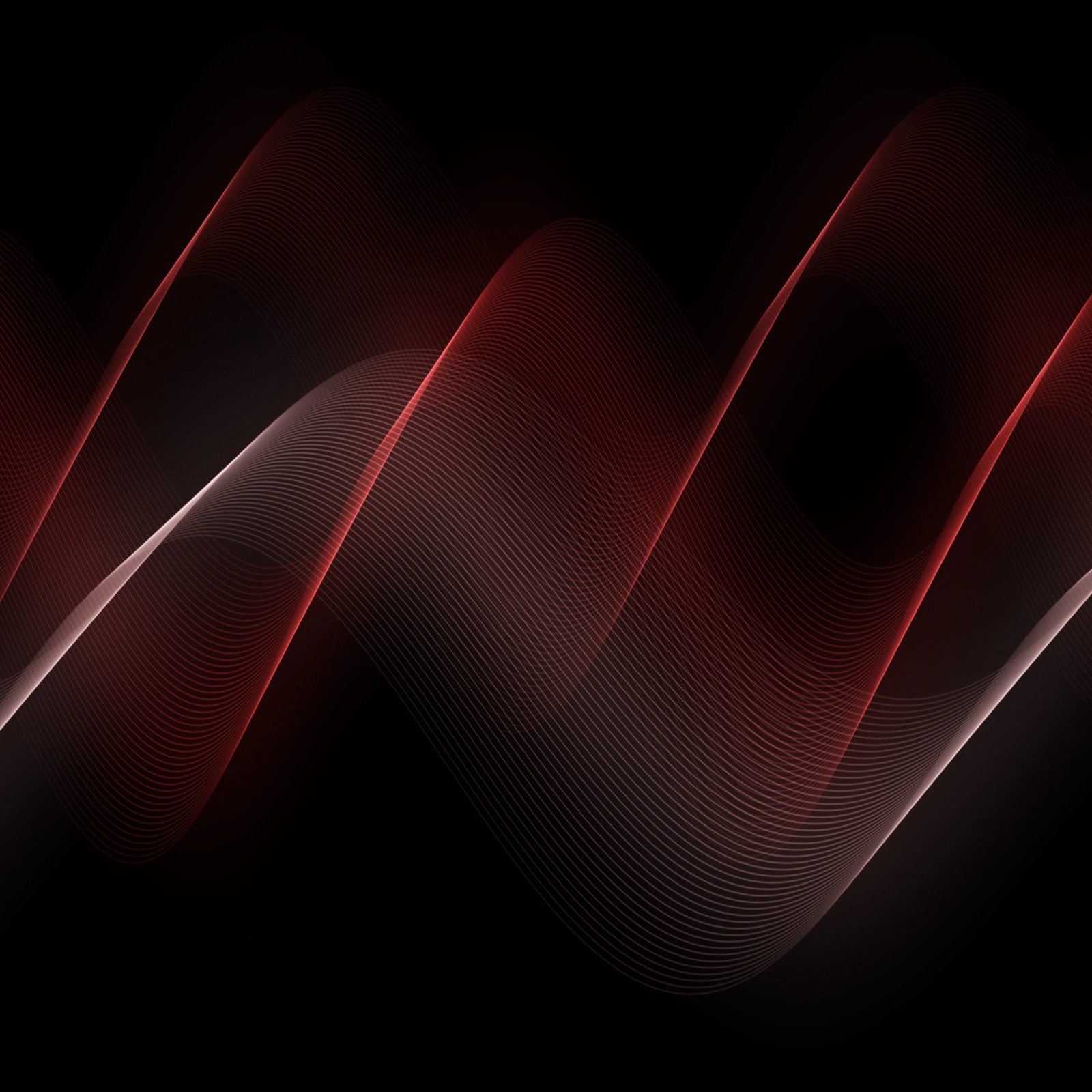 Crimson Silk Threads: deep crimson and rose threads ripple across true black in silky waves, rich colour without lighting up the whole screen, iPad wallpaper