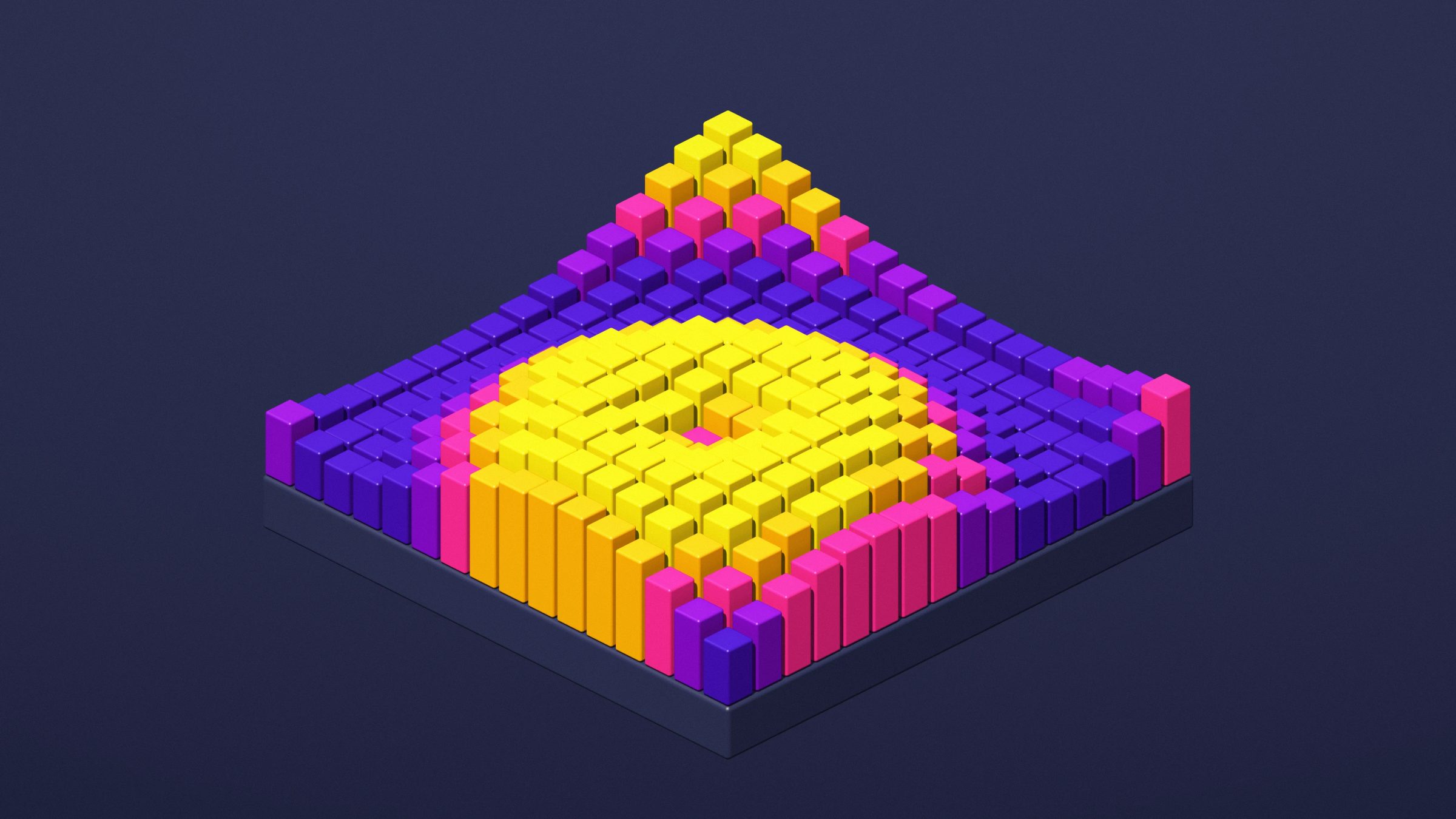 Cube Wave Ripple: rows of cubes rise and fall in a ripple of indigo, purple, magenta, orange and yellow on a floating base in the dark, PC wallpaper