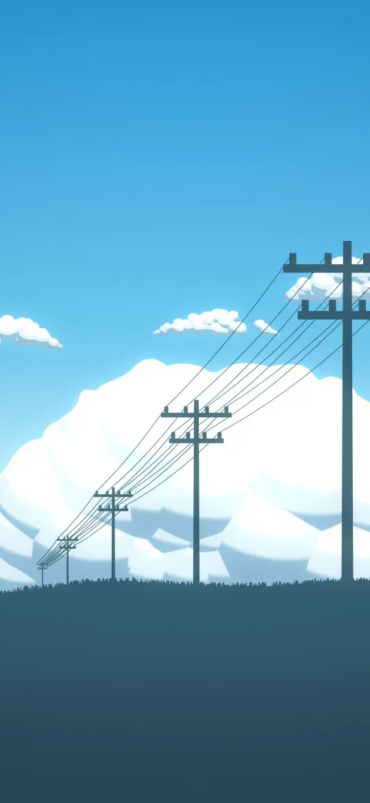 Cumulus Field Afternoon: bright cumulus clouds pile up over a grassy hill on a hot afternoon, a line of power poles leading off toward the horizon, iPhone wallpaper