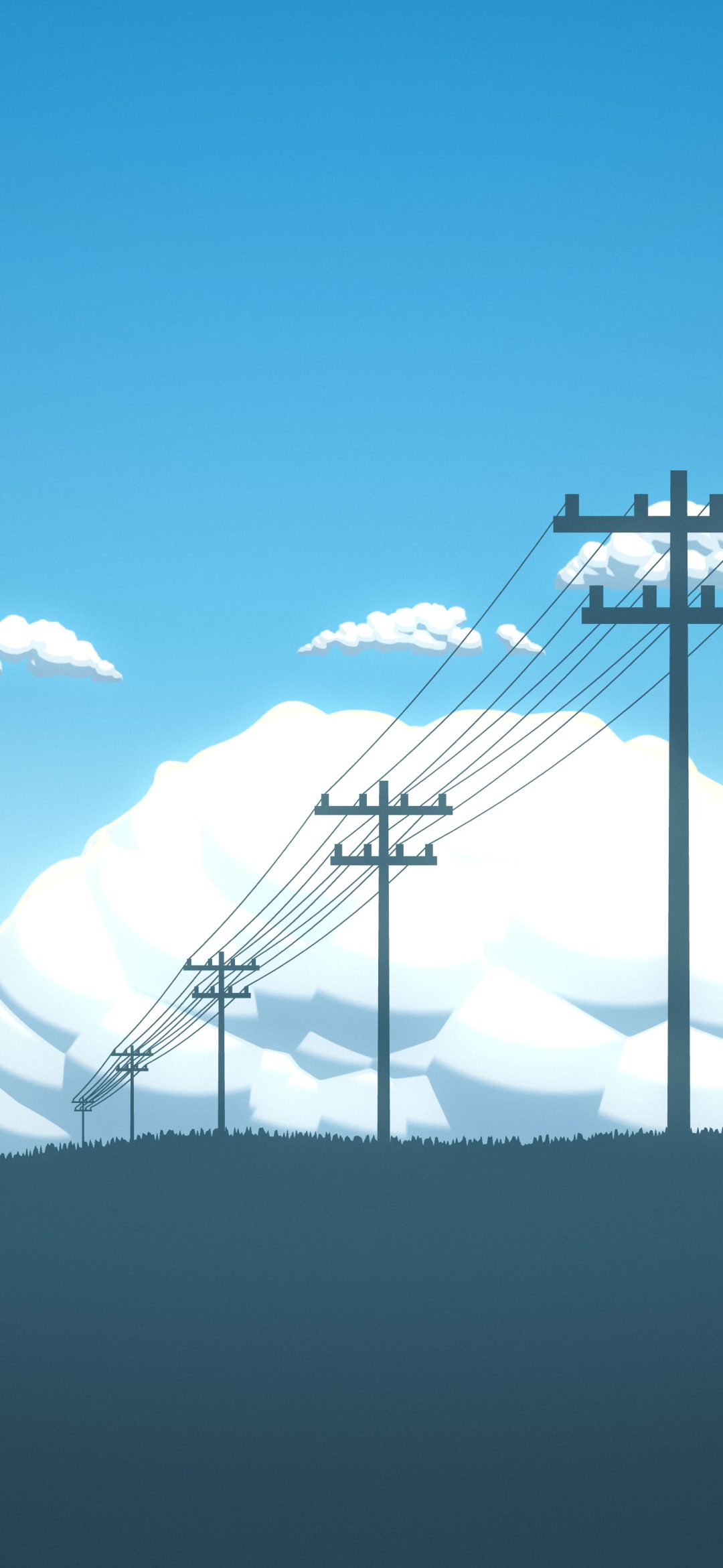 Cumulus Field Afternoon: bright cumulus clouds pile up over a grassy hill on a hot afternoon, a line of power poles leading off toward the horizon, iPhone wallpaper