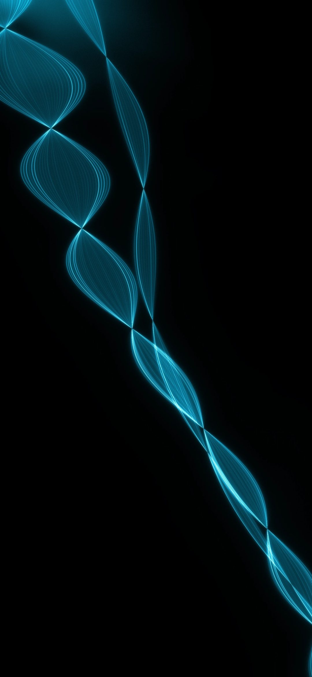 Cyan Light Twist: a glowing cyan ribbon of light threads twists diagonally across a true black screen, iPhone wallpaper