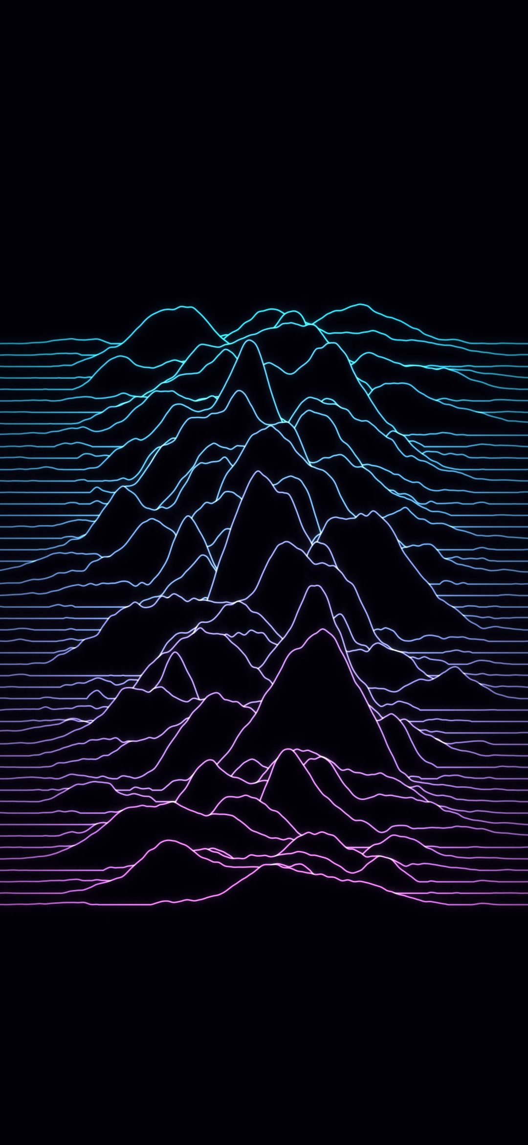 Cyan Magenta Pulses: glowing lines shift from cyan to magenta as they rise into sharp peaks, a neon audio-wave landscape on near-black, iPhone wallpaper
