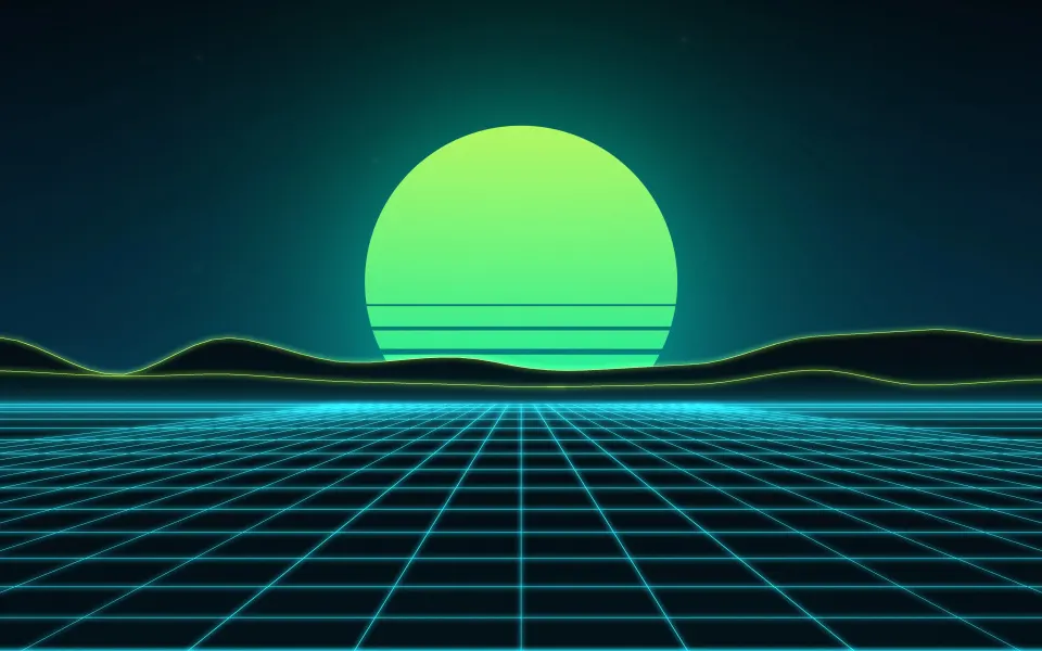 Cyber Lime Horizon: a lime and mint sun hangs over a cyan perspective grid and glowing ridges in this cool, green take on synthwave, Mac wallpaper